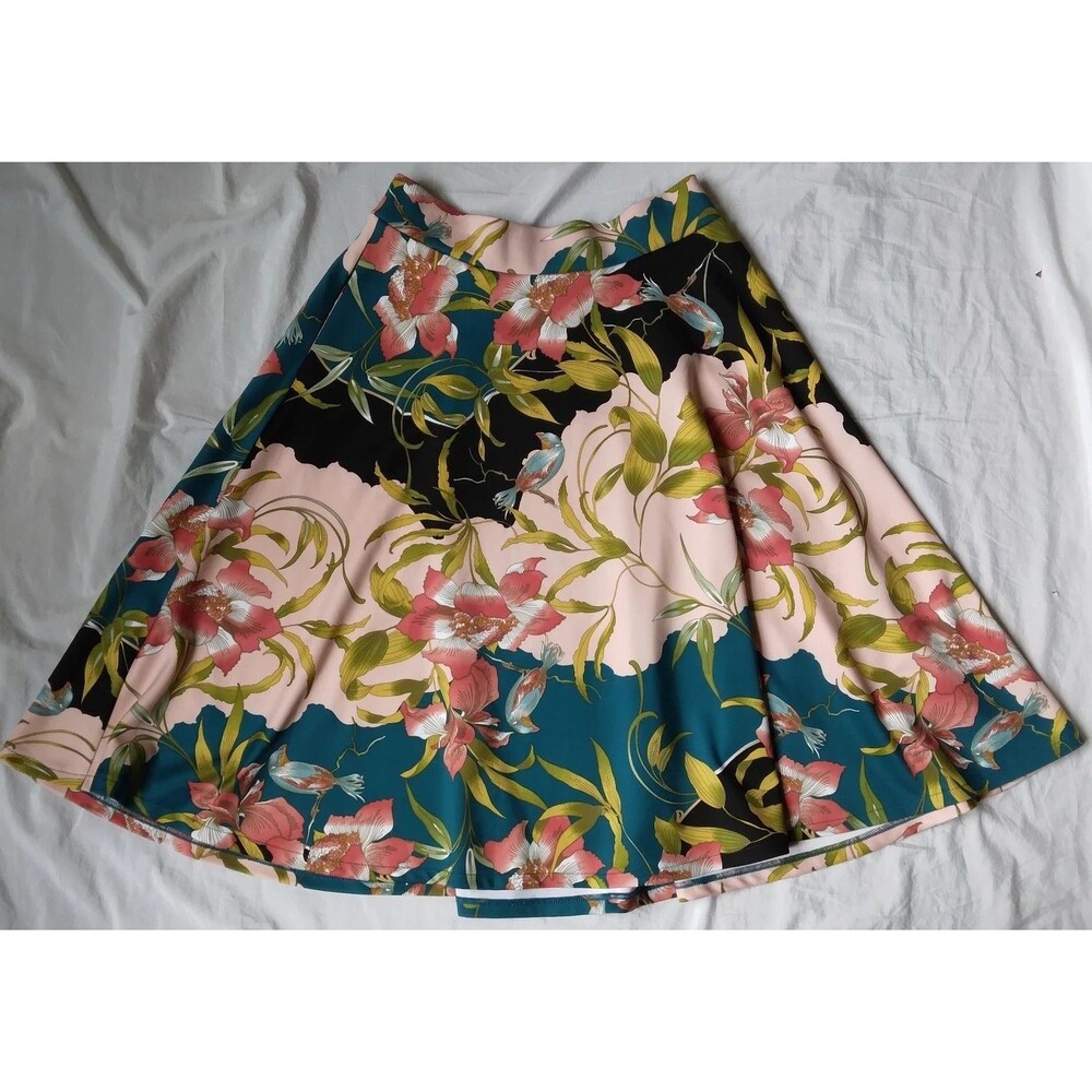 New York & Company Swing Skirt Floral Bird Pattern Cottagecore Womens Small